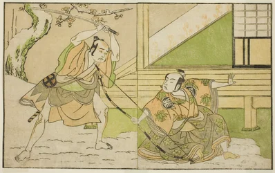 Die Schauspieler Arashi Sangoro II als Hojo Tokiyori (rechts) und Otani Hiroji III als Koga Saburo (links) im Stück Kono Hana Yotsugi no Hachi no Ki, aufgeführt im Ichimura-Theater im elften Monat, 1771