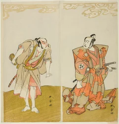 Die Schauspieler Bando Mitsugoro I als Hata no Kawakatsu (rechts) und Otani Hiroemon III als Diener (Yakko) Gansuke (links), im Stück Miya-bashira Iwao no Butai, aufgeführt im Morita Theater ab dem fünfzehnten Tag