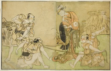 Die Schauspieler Bando Zenji I als Nagahashi Saburo, Iwai Hanshiro IV als Otatsu-gitsune, Nakamura Konozo als Hagai Ujitsune und ein nicht identifizierter Schauspieler (von rechts nach links), im Stück Nue no Mori Ichiyo no Mato, aufgeführt im Nakamura The