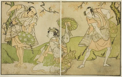 Die Schauspieler Ichikawa Somegoro (rechts), Segawa Kikunojo II (Mitte) und Bando Sampachi (links) in nicht identifizierten Rollen im Stück Myoto-giku Izu no Kisewata, aufgeführt im Ichimura-Theater im elften Monat, 1770
