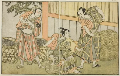 Die Schauspieler Kasaya Matakuro II als Hagun Taro (rechts), Ichikawa Monnosuke II als Izutsu no Suke Narihira (Mitte) und Nakamura Nakazo I als Kose no Kanaoka verkleidet als Sogoro der Holzkohlemacher, im Stück Kuni no Hana Ono no Itsumoji, aufgeführt im