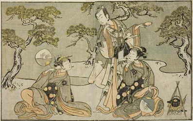 Die Schauspieler Nakamura Nakazo I als Matsukaze (rechts), Ichikawa Komazo II als Ariwara no Yukihira (Mitte) und Iwai Hanshiro IV als Murasame (links), im Stück Kuni no Hana Ono no Itsumoji, aufgeführt im Nakamura-Theater im elften Monat, 1771