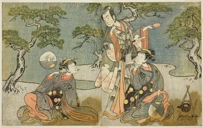 Die Schauspieler Nakamura Nakazo I als Matsukaze (rechts), Ichikawa Komazo II als Ariwara no Yukihira (Mitte) und Iwai Hanshiro IV als Murasame (links), im Stück Kuni no Hana Ono no Itsumoji, aufgeführt im Nakamura Theater im elften Monat, 1771