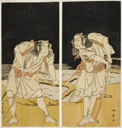 Die Schauspieler Nakamura Nakazo I als Omi no Kotoda (rechts) und Otani Hiroji III als Bamba no Chuda (links) im Joruri "Sono Chidori Yowa no Kamisuki" (Die Regenpfeifer: Haare kämmen um Mitternacht), aus Teil Zwei des Stücks O-atsurae-zome Soga no Hinagat