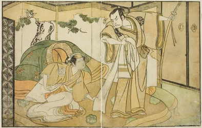 Die Schauspieler Nakamura Nakazo I als Taira no Kiyomori (rechts) und Yamashita Kinsaku II als Tokiwa Gozen (links) im Stück Nue no Mori Ichiyo no Mato, aufgeführt im Nakamura Theater im elften Monat, 1770