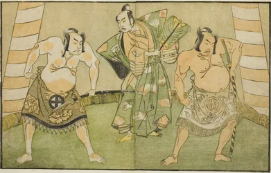 Die Schauspieler Nakamura Sukegoro II als Matano no Goro (rechts), Onoe Kikugoro I als Soga no Taro (Mitte) und Otani Hiroji III als Kawazu no Saburo (links), im Stück Myoto-giku Izu no Kisewata, aufgeführt im Ichimura-Theater im elften Monat, 1770
