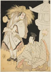 Die Schauspieler Nakayama Kojuro VI als Osada Taro Kagemune (in Wirklichkeit Hatcho Tsubute no Kiheiji) als Laternenanzünder des Gion-Schreins (links) und Sawamura Sojuro III als Komatsu no Shigemori (rechts) in Akt Drei aus Teil Eins des Stücks Yukimotsu 