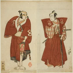 Die Schauspieler Onoe Matsusuke I als Yawata no Saburo (rechts) und Otani Tomoemon I als der Yakko Emohei (links) im Stück Myoto-giku Izu no Kisewata, aufgeführt im Ichimura-Theater im elften Monat, 1770
