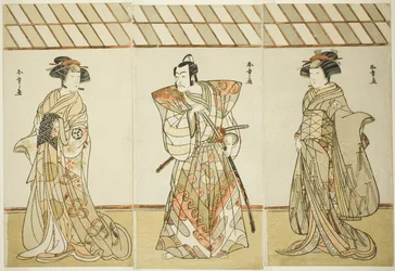 Die Schauspieler Onoe Tamizo I als Nishikigi (?) oder Otae (?) (rechts), Ichikawa Danjuro V als Miura Heidayu Kunitae (?) (Mitte), und Osagawa Tsuneyo II als Oyuki (?) (links), im Stück Date Nishiki Tsui no Yumitori (?), aufgeführt im Morita Theater (?) in