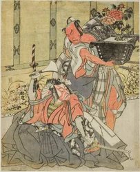 Die Schauspieler Otani Hiroemon III als Shinagawa Okaminosuke (rechts) und Ichikawa Danjuro V als Arashishi Otokonosuke (links), im Stück Fuki Kaete Tsuki mo Yoshiwara