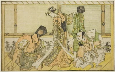 Die Schauspieler Otani Hiroji III als Kawazu no Saburo (rechts), Segawa Kikunojo II als Prinzessin Tatsu (Tatsu Hime) (Mitte) und Nakamura Sukegoro II als Matano no Goro (links), im Stück Myoto-giku Izu no Kisewata, aufgeführt im Ichimura Theater im Elften