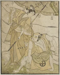 Die Schauspieler Otani Tomoemon I als Emohei (rechts) und Sanogawa Ichimatsu II als Sanada Yoichi (links) im Stück Myoto-giku Izu no Kisewata, aufgeführt im Ichimura-Theater im elften Monat, 1770