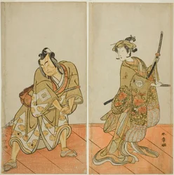 Die Schauspieler Segawa Kikunojo III als Aigo no Waka (rechts) und Ichikawa Yaozo II als Hachio-maru Aratora (links) im Stück Chigo Sakura Jusan Kane, aufgeführt im Ichimura-Theater im elften Monat, 1774