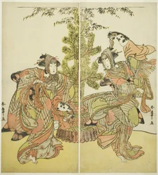 Die Schauspieler Segawa Kikunojo III als Yasukata (rechts) und Iwai Hanshiro IV als Utou (links) im Stück Godai Genji Mitsugi no Furisode, aufgeführt im Nakamura-Theater im elften Monat, 1782