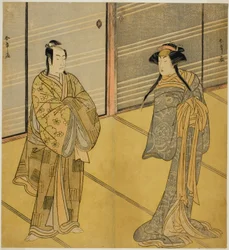 Die Schauspieler Segawa Kikunojo III als der Geist der Joro-gumo (Huren-Spinne) verkleidet als Maiko Tsumagiku (rechts) und Ichikawa Monnosuke II als Urabe no Suetake (links), im Stück Shitenno Tonoi no Kisewata, aufgeführt im Nakamura-Theater im elften Mo