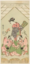 Die Schauspieler Segawa Kikunojo II als Amme Reizei, Ichikawa Komazo I als Suruga no Hachiro in der Gestalt des Shamisen-Spielers Kichiroku (rechts) und Ichikawa Yaozo II als Tada no Kurando in der Gestalt des Sänftenträgers Kichinai (links), in der Szene