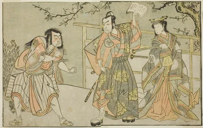Die Schauspieler Yamashita Yaozo I als Ono no Komachi (rechts), Matsumoto Koshiro II als Godai Saburo (Mitte) und Ichikawa Danzo III als Otomo no Kuronushi (links), im Stück "Kuni no Hana Ono no Itsumoji," aufgeführt im Nakamura-Theater im elften Monat