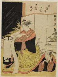 Die Kurtisane Yugiri und ihr Liebhaber Fujiya Izaemon, aus der Serie "Tokiwazu Hakkei"