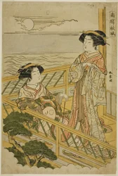 Zwei Kurtisanen auf einem mondbeschienenen Balkon in einem Freudenhaus in Shinagawa, aus der Serie "Nan