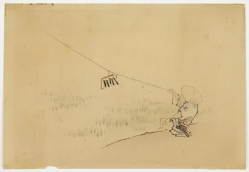 Bauer fliegt Drachen mit Vogelklapper, ca. 1850