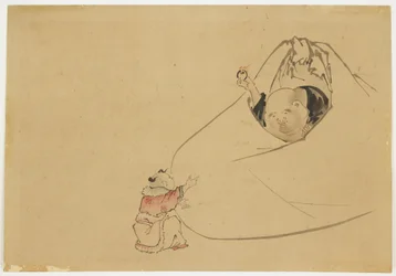 Hotei bietet einem kleinen Jungen ein flammendes Juwel an, ca. 1850