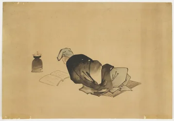 Liegender Mann, der bei Lampenlicht liest, ca. 1850