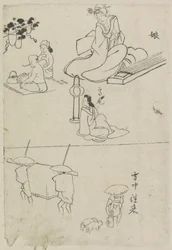 Verschiedene Darstellungen, unter anderem von einer Dame mit einem Koto, einer sitzenden Dame und zwei Männern