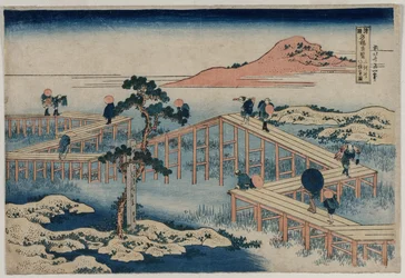 Ein altes Bild der Acht-Teil-Brücke in der Provinz Mikawa (aus der Serie Neugierige Ansichten berühmter Brücken in den Provinzen)