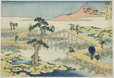 Alte Ansicht der Acht-Planken-Brücke in der Provinz Mikawa (Mikawa no Yatsuhashi no kozu), aus der Serie "Ungewöhnliche Ansichten berühmter Brücken in verschiedenen Provinzen (Shokoku meikyo kiran)"
