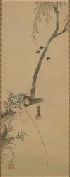 Junge, der von einem Ast eines Baumes fischt, Edo-Periode, 1839