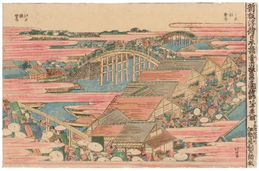 Fischmarkt am Fluss in Edo an der Nihonbashi-Brücke