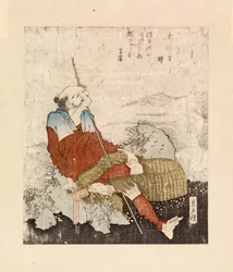 Fischer raucht neben einem Bach, um 1835 (Farbholzschnitt)