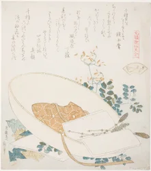 Frisch gepflückte Blumen in einem Reisendenhut, Illustration für Die Tausend-Gräser-Muschel (Chigusagai), aus der Serie "Ein Zuordnungsspiel mit Gedichtmuscheln aus der Genroku-Zeit (Genroku kasen kai awase)"