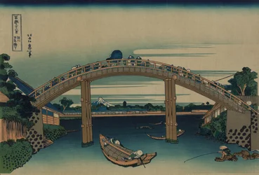 Fuji gesehen durch die Mannen-Brücke in Fukagawa, Edo, ca. 1830