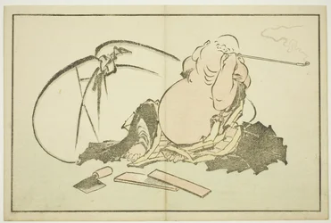 Hotei raucht seine Pfeife, aus Das Bilderbuch der realistischen Malereien von Hokusai, ca. 1814