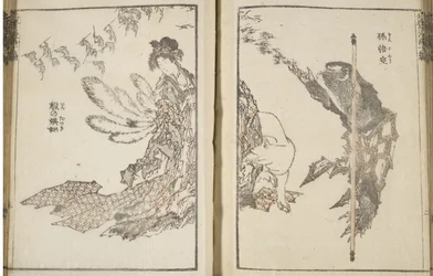 Japanische Frau, ein weißer Fuchs mit 9 Schwänzen und ein Affe