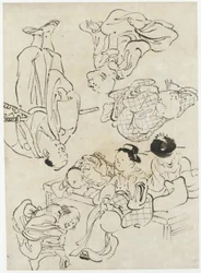 Verschiedene Figuren: Sommervergnügen, Figuren auf der Veranda sitzend und (unten) Samurai, Edo-Periode