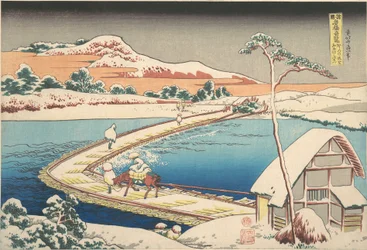 Alte Ansicht der Boot-Brücke bei Sano in der Provinz Kōzuke, aus der Serie Bemerkenswerte Ansichten von Brücken in verschiedenen Provinzen