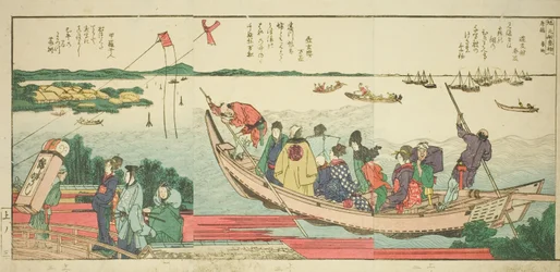 Seiten aus dem illustrierten Buch "Panoramablicke entlang der Ufer des Sumida-Flusses (Ehon Sumidagawa ryogan ichiran)"
