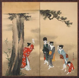 Papier-Zweifachschirm: Ein Shinto-Priester, drei Frauen und ein Kind unter einem Kiefernbaum, Edo-Periode, ca. 1799-1801