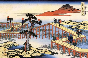 Serie bemerkenswerter Ansichten von Brücken aus verschiedenen Provinzen: Die Yatsuhashi-Brücke in der Provinz Mikawa, Japan