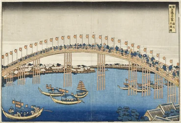 Temma-Brücke, Provinz Settsu aus der Serie Wundervolle Ansichten berühmter Brücken verschiedener Provinzen, ca. 1835