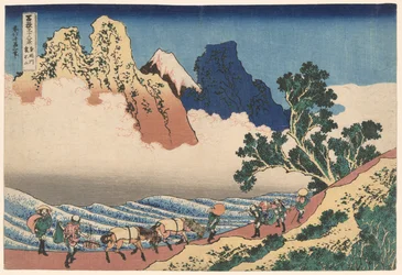 Der Rücken des Berges Fuji vom Minobu-Fluss aus gesehen (Minobugawa Urafuji), aus der Serie Sechsunddreißig Ansichten des Berges Fuji (Fugaku sanjurokkei)