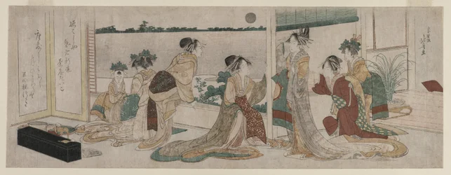 Tsukasa und andere Kurtisanen des Ogiya beobachten den Aufgang des Herbstmondes..., 1799