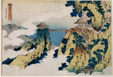 Blick von der Brücke auf den Berg Gyodo, Ashikaga Serie „Die wunderbaren Ansichten berühmter Brücken aller Provinzen“. Japanischer Druck von Katsushika Hokusai (1760-1849) 1831-1832 Private Sammlung