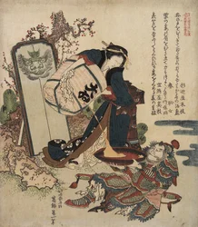Frau gießt Flüssigkeit aus einem Fass in einen großen Becher, gehalten von einem Krieger, ca. 1820-1821