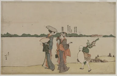 Frauen und Kinder gehen entlang des Sumida-Flusses