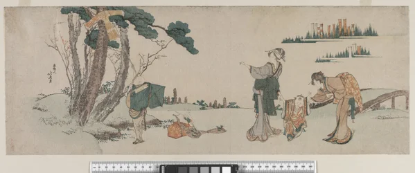 Frauen lenken ein Kind ab, dessen Drachen in einem Baum festhängt, Edo-Periode, ca. 1800