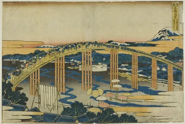 Yahagi-Brücke bei Okazaki auf der Tokaido, aus der Serie „Ungewöhnliche Ansichten berühmter Brücken in verschiedenen Provinzen“