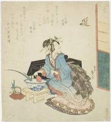 Geisha, die zu einem Kuckuck aufschaut, aus der Serie "Fünf Jahresfeste für den Katsushika-Kreis (Katsushika gosekku)"